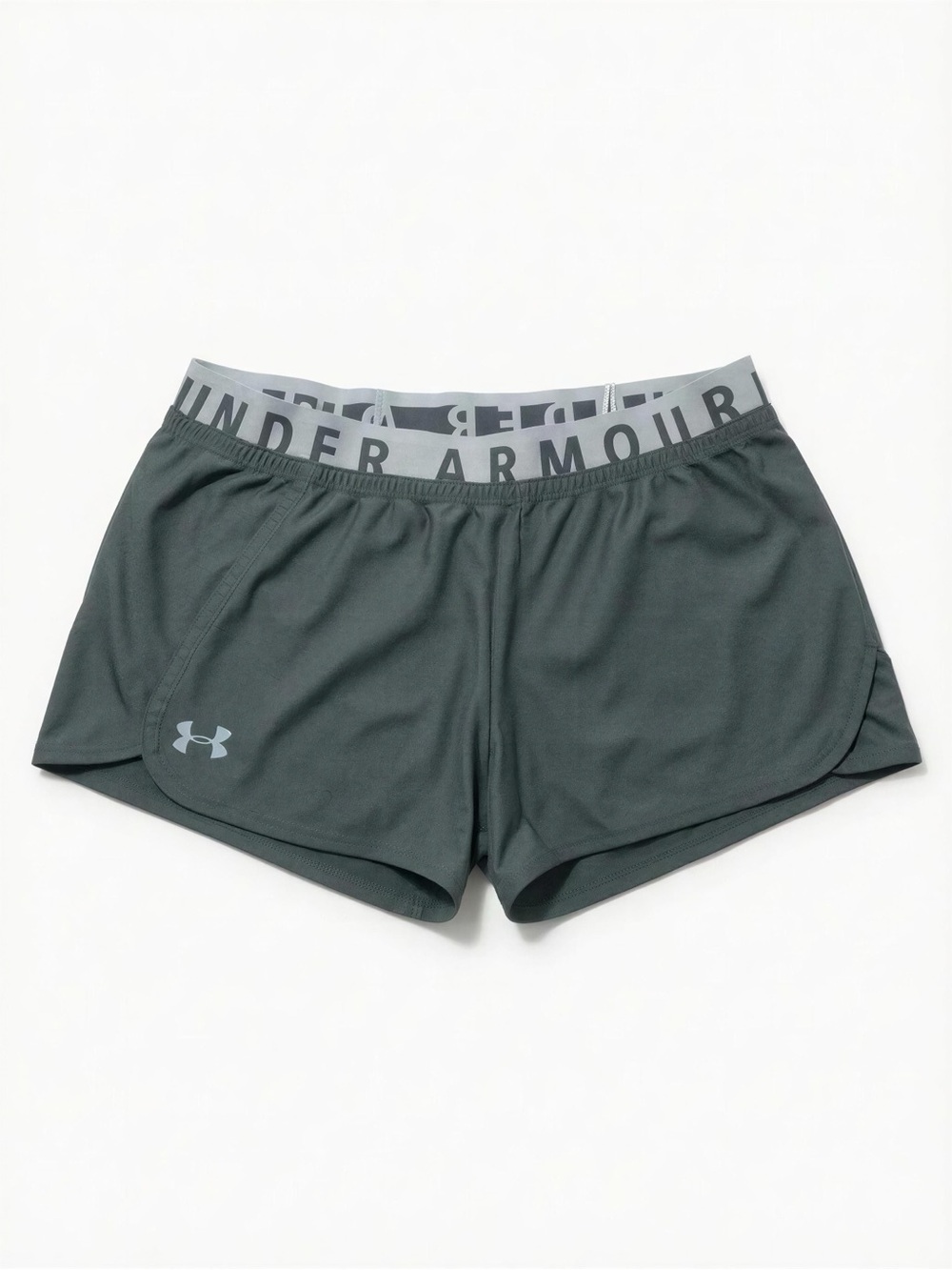 Under Armour Women's Dark Green Athletic Shorts with Grey Logo Waistband